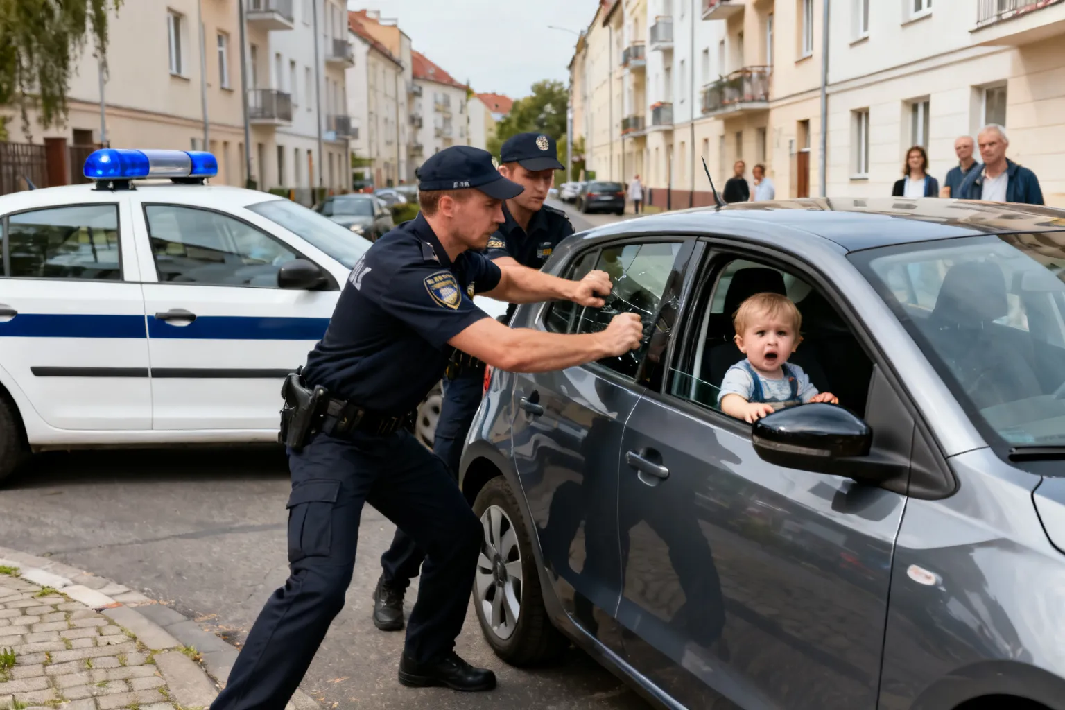 Policja w Krośnie wybija szybę, by wydostać 2,5-letnią dziewczynkę z zamkniętego auta